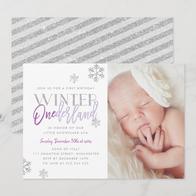 Invitación Winter ONEderland Silver Purple 1er cumpleaños fot (Anverso / Reverso)