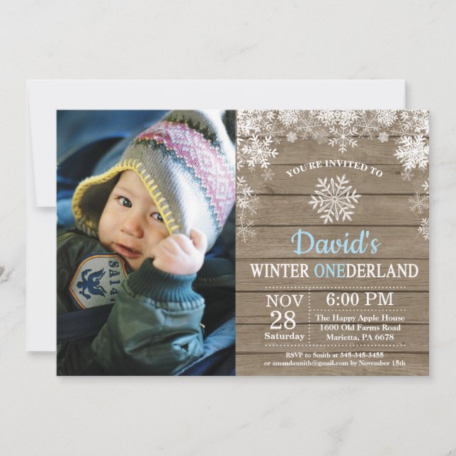 Invitación Winter Onederland Snowflake Blue Boy Primer cumple (Anverso)