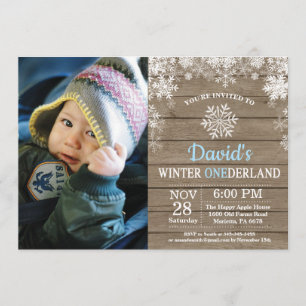 Invitación Winter Onederland Snowflake Blue Boy Primer cumple