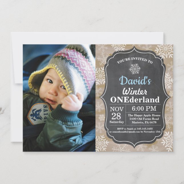 Invitación Winter Onederland Snowflake Blue Boy Primer cumple (Anverso)