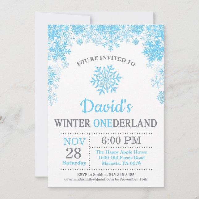 Invitación Winter Onederland Snowflake Blue Boy Primer cumple (Anverso)