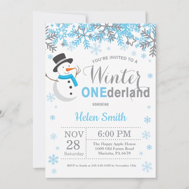 Invitación Winter Onederland Snowman Boy 1er cumpleaños (Anverso)