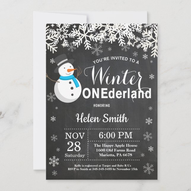 Invitación Winter Onederland Snowman Boy 1er cumpleaños (Anverso)