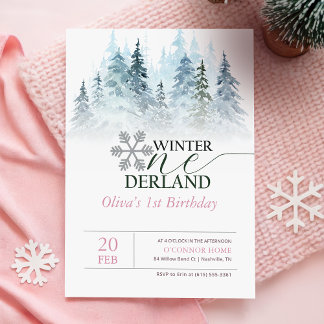 Invitación Winter ONEderland Snowy Forest 1st Birthday