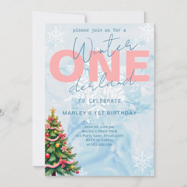 Invitación Winter ONEderland Tree nieve azul primer cumpleaño (Anverso)