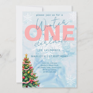 Invitación Winter ONEderland Tree nieve azul primer cumpleaño
