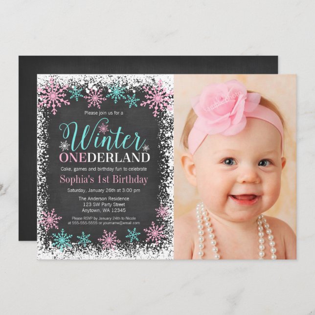 Invitación Winter ONEderland Verde azulada Chalkboard 1er cum (Anverso / Reverso)