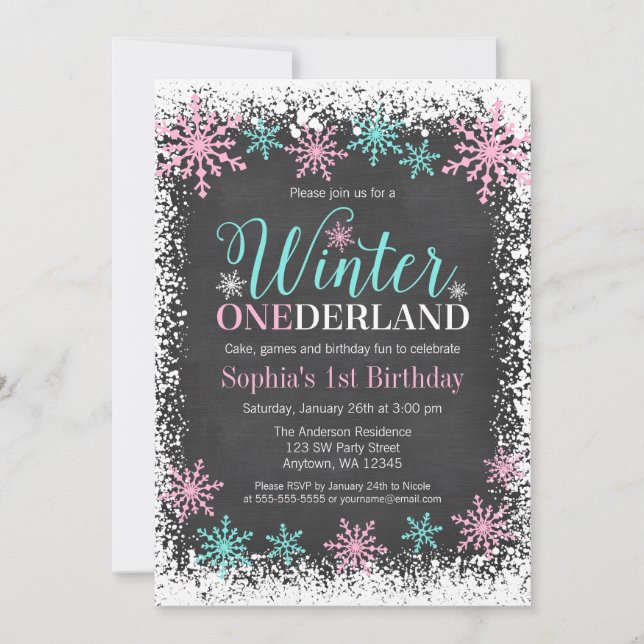 Invitación Winter ONEderland Verde azulada Chalkboard 1er cum (Anverso)