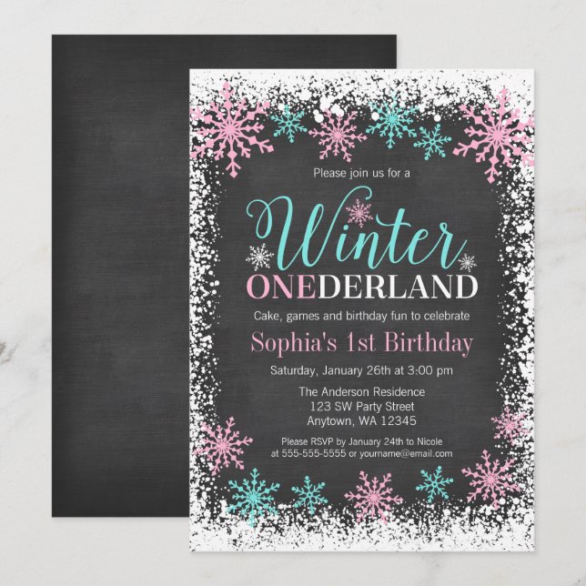Invitación Winter ONEderland Verde azulada Chalkboard 1er cum (Anverso / Reverso)
