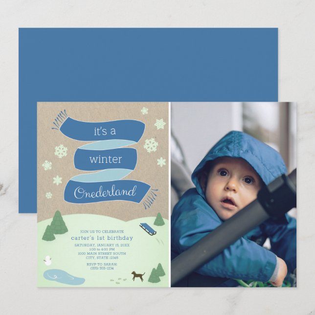 Invitación Winter Onederland Winter Scene Photo 1er cumpleaño (Anverso / Reverso)
