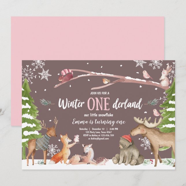 Invitación Winter ONEderland Woodland Cumpleaños Rosa (Anverso / Reverso)