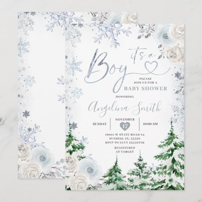 Invitación Winter Pastel Blue Snowflake Floral Baby Shower (Anverso / Reverso)