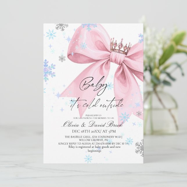 Invitación Winter Pastel Pink Bow Baby Shower (Anverso de pie)