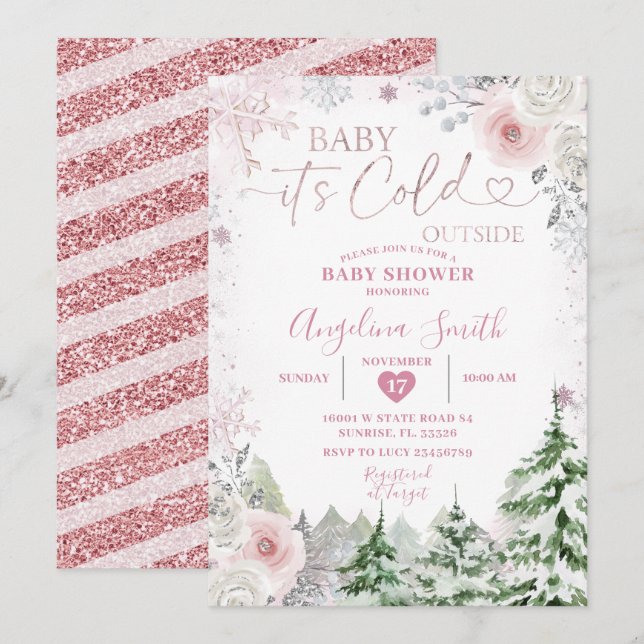 Invitación Winter Pastel Pink Snowflake Floral Baby Shower (Anverso / Reverso)