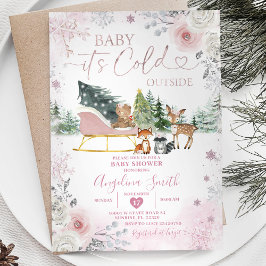Invitación Winter Pastel Pink Snowflake Sleigh Baby Shower