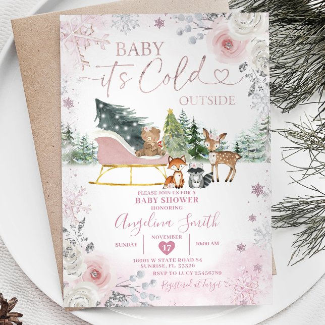 Invitación Winter Pastel Pink Snowflake Sleigh Baby Shower (Subido por el creador)