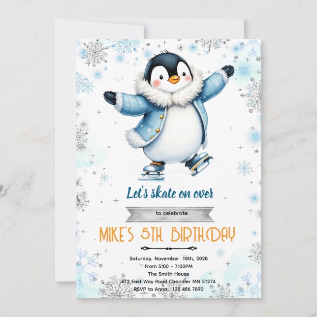 Invitación Winter penguin ice skate theme invite (Anverso)