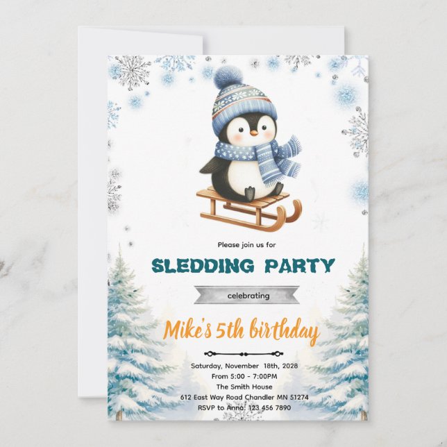 Invitación Winter penguin sledding invitation (Anverso)
