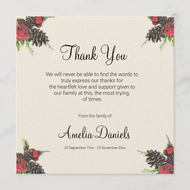 Invitación Winter Pine Cone and Berry Funeral Thank You Cards (Anverso)