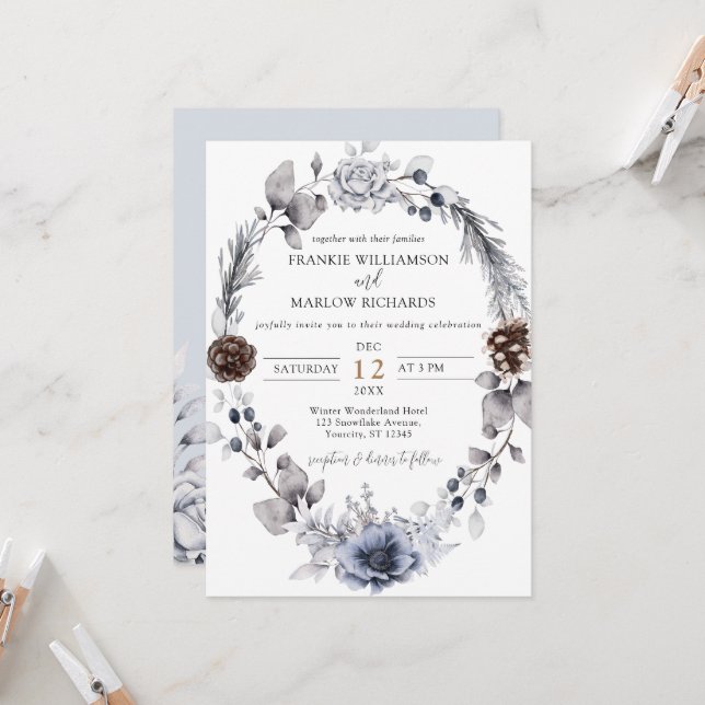Invitación Winter Pine Cone Floral Wreath Boho Boda Invita (Anverso/Reverso In Situ)