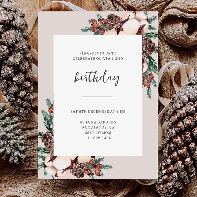 Invitación Winter Pine Greenery Simple Birthday (Subido por el creador)