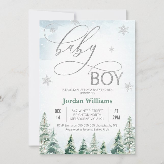 Invitación Winter Pine Trees Baby Boy Baby Shower (Anverso)