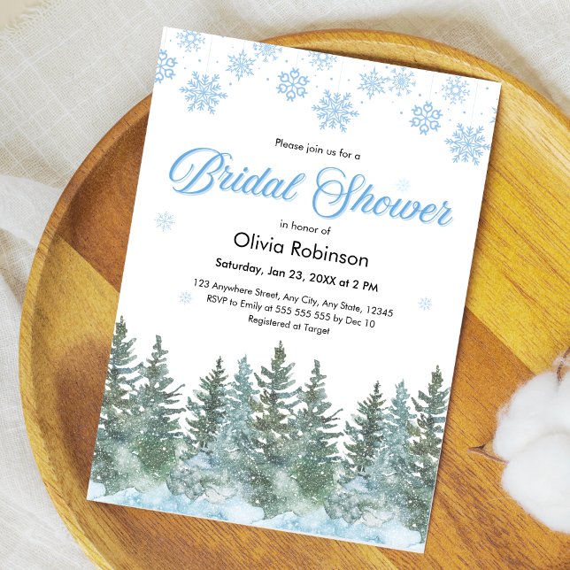Invitación Winter Pine Trees Snowflakes Bridal Shower (Winter Pine Trees Snow in Love Snowflakes Bridal Shower Invitation )