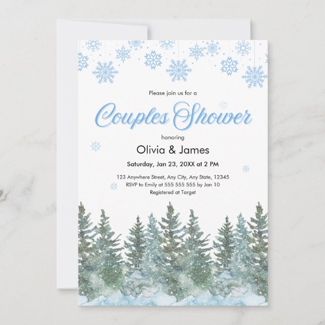 Invitación Winter Pine Trees Snowflakes Couples Bridal Shower (Anverso)