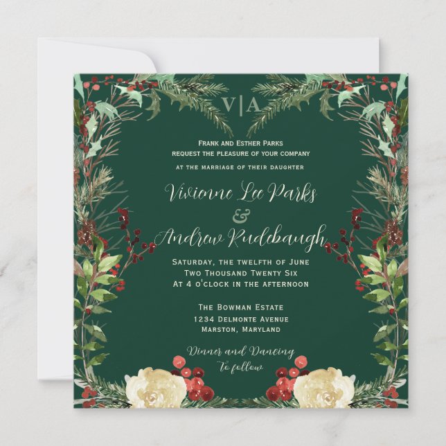 Invitación Winter Pine y Rosas Boda (Anverso)