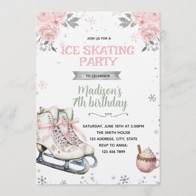 Invitación Winter Pink and Silver Skating invitation (Anverso)
