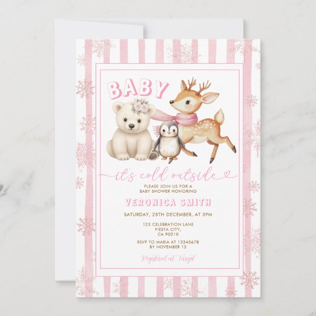 Invitación Winter Pink Baby It’s Cold Outside Baby Shower (Anverso)