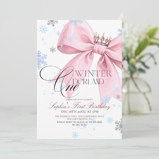 Invitación Winter Pink Bow 1st Birthday Party (Anverso de pie)