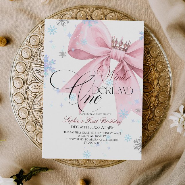 Invitación Winter Pink Bow 1st Birthday Party (Subido por el creador)