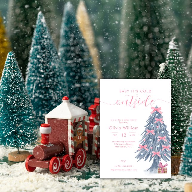 Invitación Winter Pink Bow Christmas Tree Baby Shower (Winter Pink Bow Christmas Tree Baby Shower Invitation)