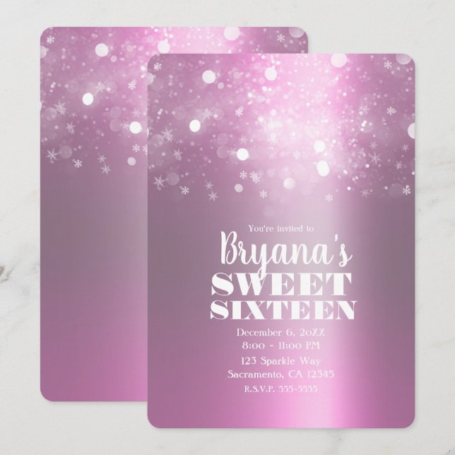 Invitación Winter Pink Silver Sparkling Luces Dulces 16 Fiest (Anverso / Reverso)