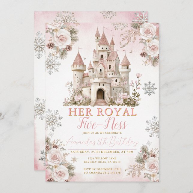 Invitación Winter Pink Snowflake Her royal fiveness Birthday (Anverso / Reverso)