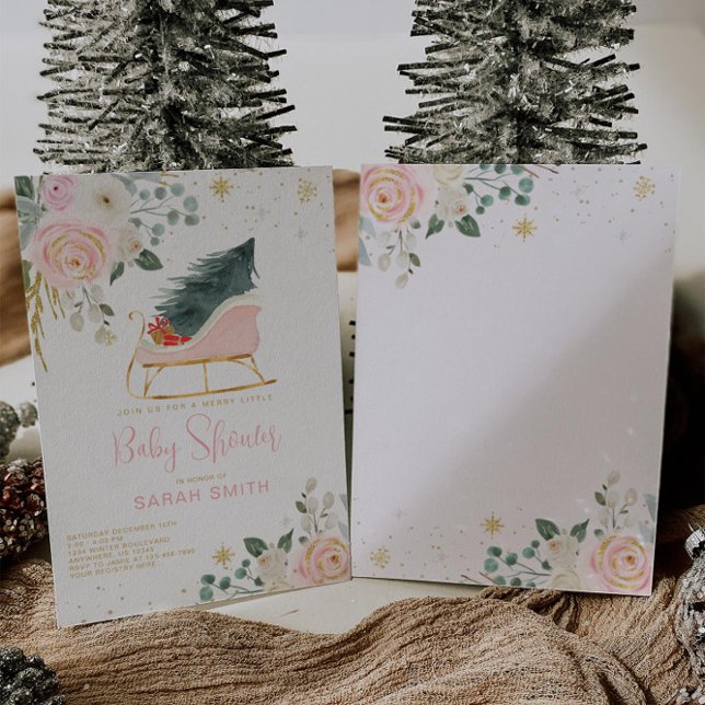 Invitación Winter Pink y Gold Sleigh Baby Shower (Subido por el creador)