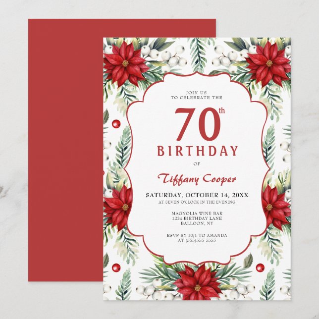 Invitación Winter Poinsettia Botánica 70 cumpleaños (Anverso / Reverso)