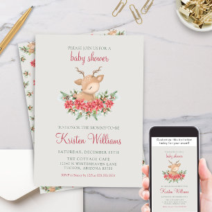 Invitación Winter Poinsettia Cute Little Deer Baby Shower