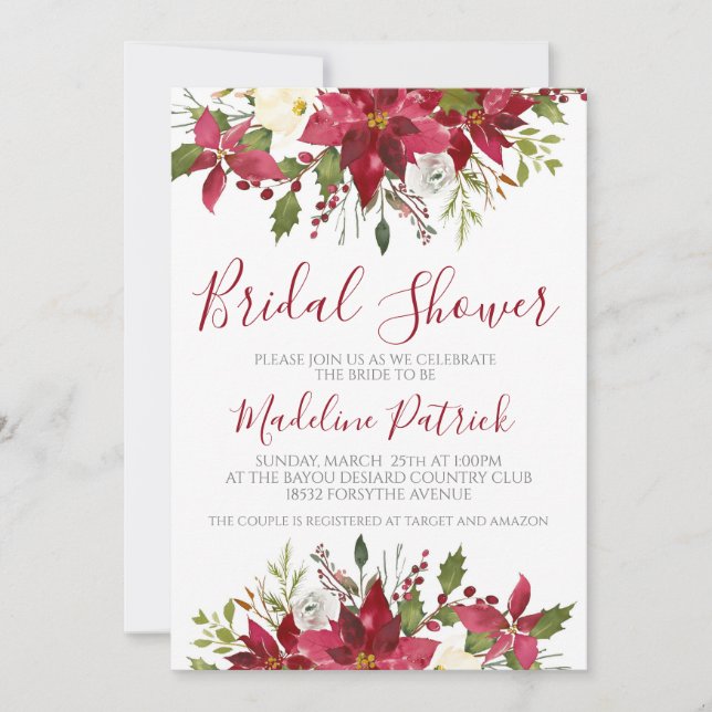 Invitación Winter Poinsettia Floral Bridal Shower (Anverso)