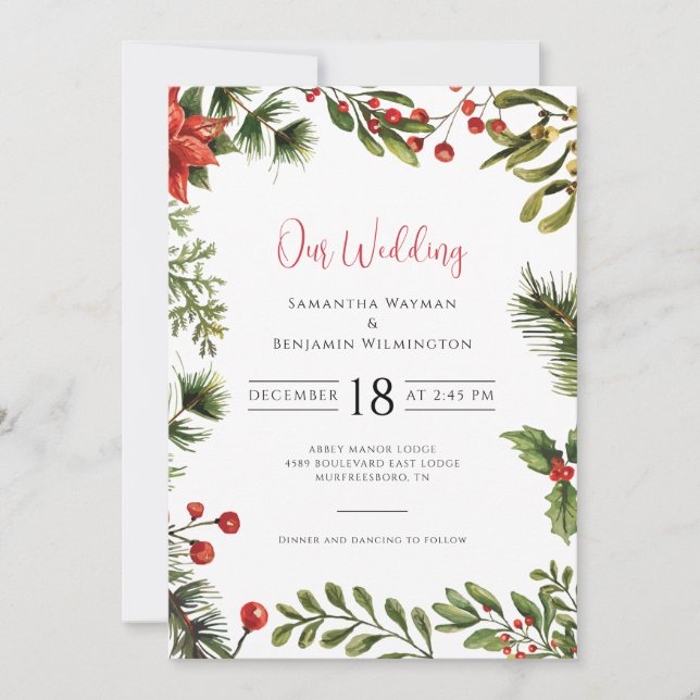 Invitación Winter Poinsettia Greenery Floral Boda (Anverso)