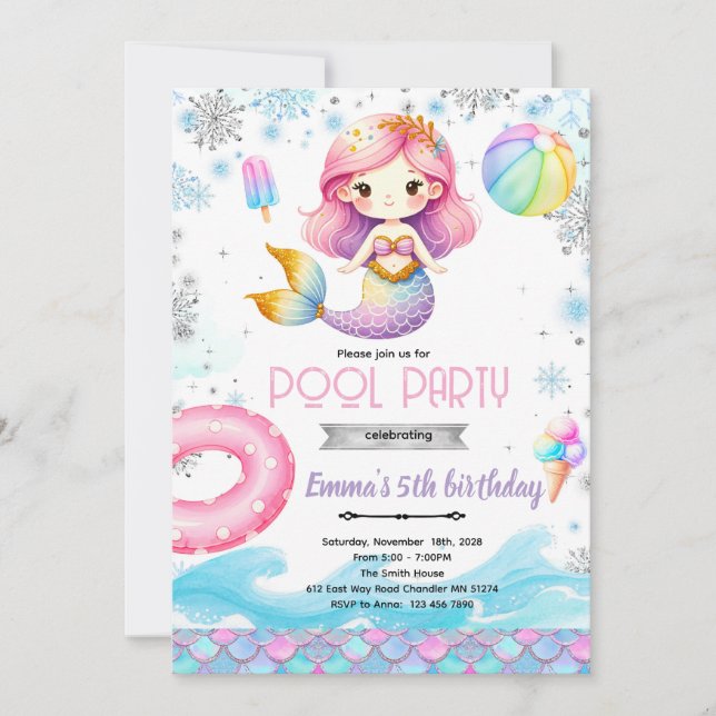 Invitación Winter pool mermaid party invitation (Anverso)