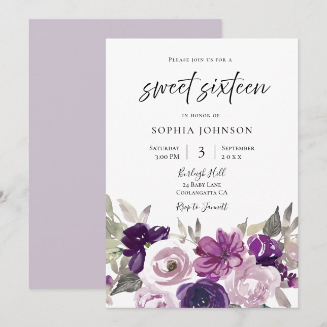 Invitación Winter Purple Lavender Floral Sweet 16 Fiesta (Anverso / Reverso)