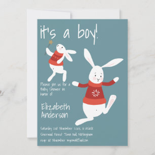 Invitación Winter Rabbit Baby Shower Boys Red Blue Modern