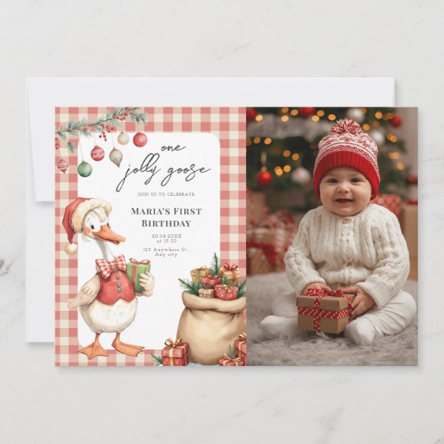 Invitación Winter Red Christmas Silly Goose  1st birthday (Anverso)