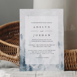 Invitación Winter Reverie Blue Watercolor Pine Wedding