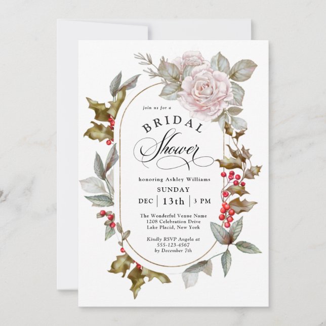 Invitación Winter Romance Floral y Evergreens Bridal Shower (Anverso)