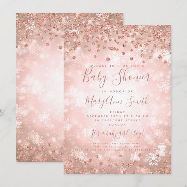 Invitación Winter Rosa Purpurina Gold de Baby Shower Wonderla (Anverso / Reverso)