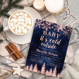 Invitación Winter rose gold snow pine navy baby shower