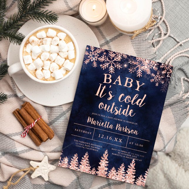 Invitación Winter rose gold snow pine navy baby shower (Subido por el creador)